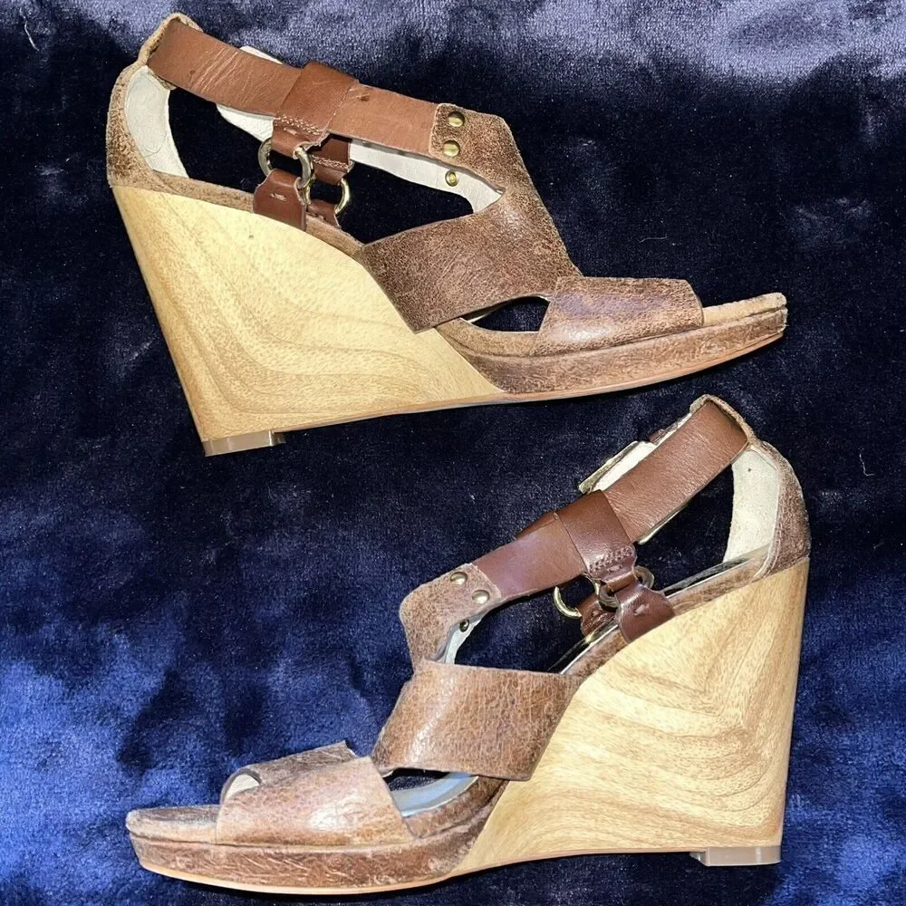 Michael‎ Kors Women’s Briyette Wedge Sandals Sz 8.5 Mocha Brown Leather Buckle